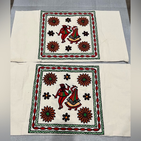 Ethnic India Dance Themed Embroidered Pillow Case Cushion Covers-Set of 2 - Picture 2 of 8
